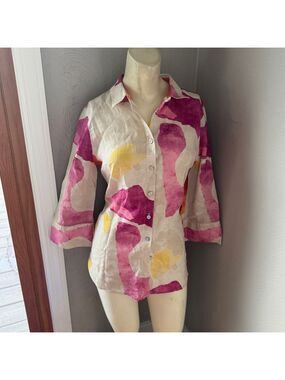 Chico's No Iron Linen Confetti Print Shirt size 00, button up blouse